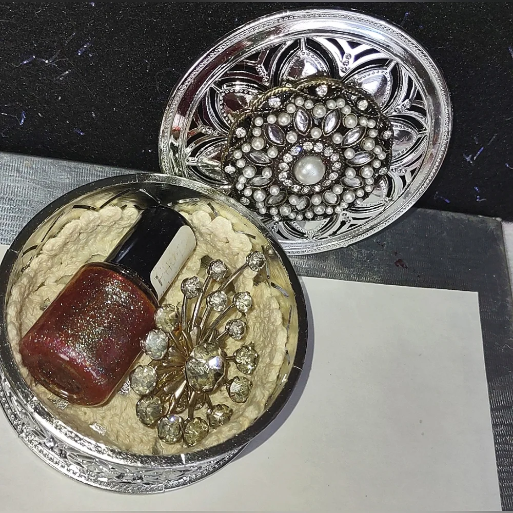 Silver Fancy Round Jeweled Container w/ Embellished Lid